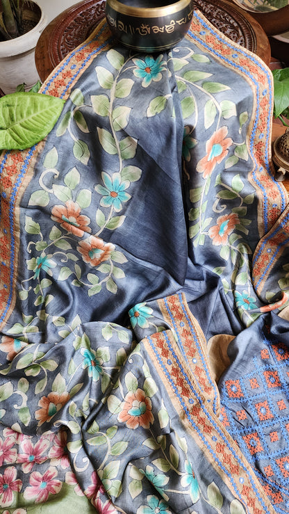 Zynah Pure Tussar Silk Hanpainted Kalamkari Saree with hand-embroidery; Custom Stitched/Ready-made Blouse, Fall, Petticoat; Shipping available USA, Worldwide