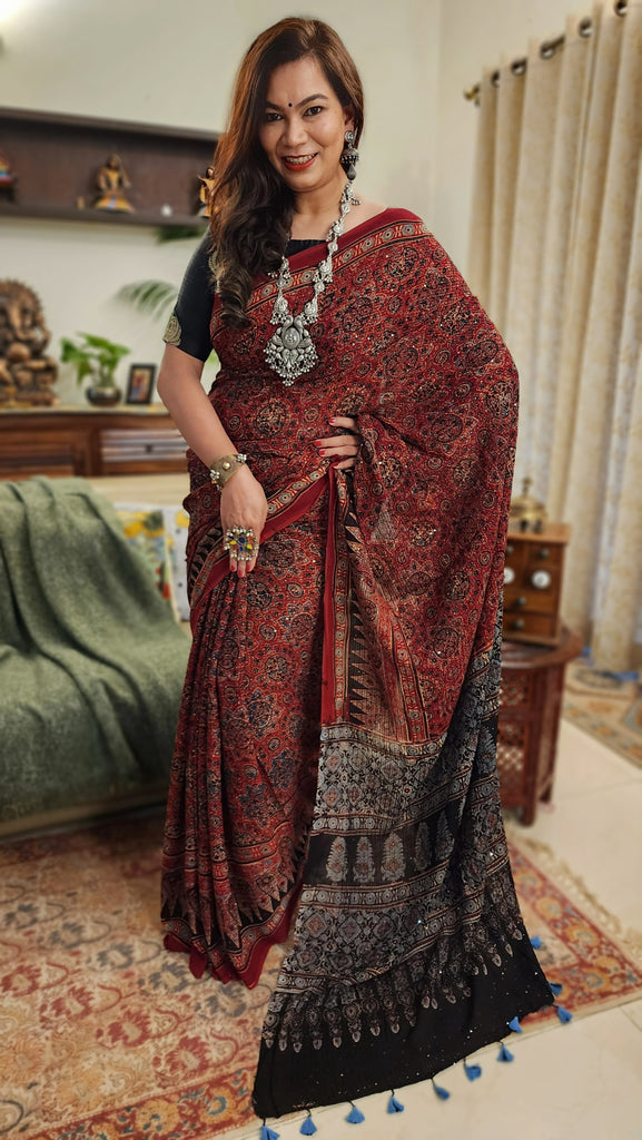 Zynah Madder Red Pure Georgette Silk Ajrakh Saree With Sequin Work; Custom Stitched/Ready-made Blouse, Fall, Petticoat; SKU: 3001202401