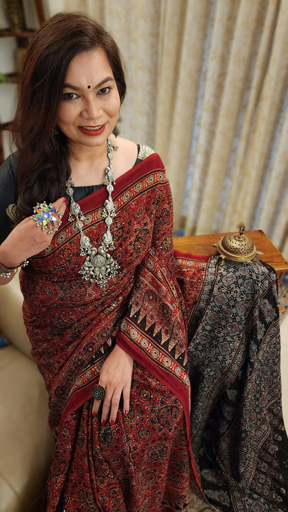 Zynah Madder Red Pure Georgette Silk Ajrakh Saree With Sequin Work; Custom Stitched/Ready-made Blouse, Fall, Petticoat; SKU: 3001202401