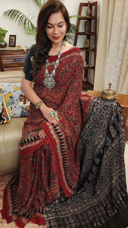 Zynah Madder Red Pure Georgette Silk Ajrakh Saree With Sequin Work; Custom Stitched/Ready-made Blouse, Fall, Petticoat; SKU: 3001202401