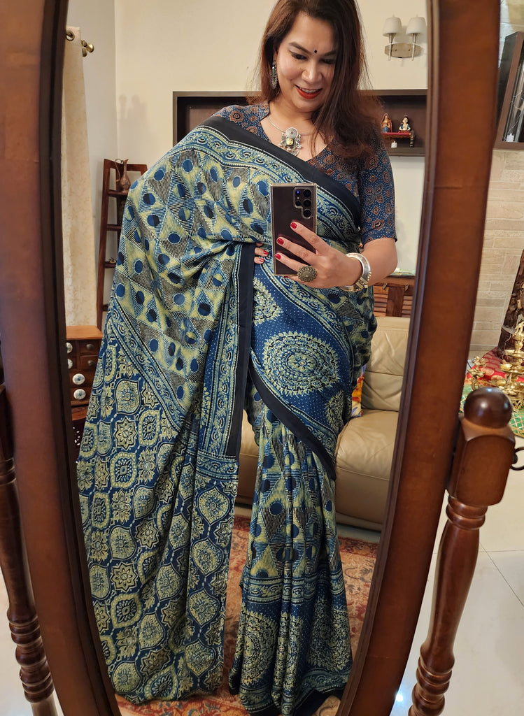 Zynah Indigo Ajrakh Modal Silk Saree With Skirt Border, Crafted Using The Traditional Method Of Hand Block Printing Using 100% Natural Dyes; Custom Stitched/Ready-made Blouse, Fall, Petticoat; SKU: 2001202404