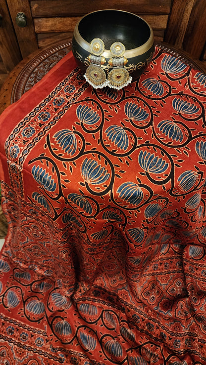 Zynah Madder Red Modal Silk Lotus Blocks Ajrakh Saree With Zari Lagdi Patta on Pallu; Custom Stitched/Ready-made Blouse, Fall, Petticoat; SKU:1701202301