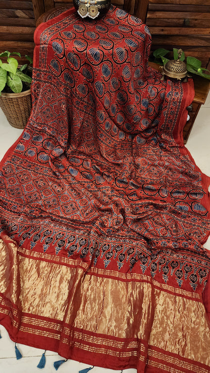 Zynah Madder Red Modal Silk Lotus Blocks Ajrakh Saree With Zari Lagdi Patta on Pallu; Custom Stitched/Ready-made Blouse, Fall, Petticoat; SKU:1701202301