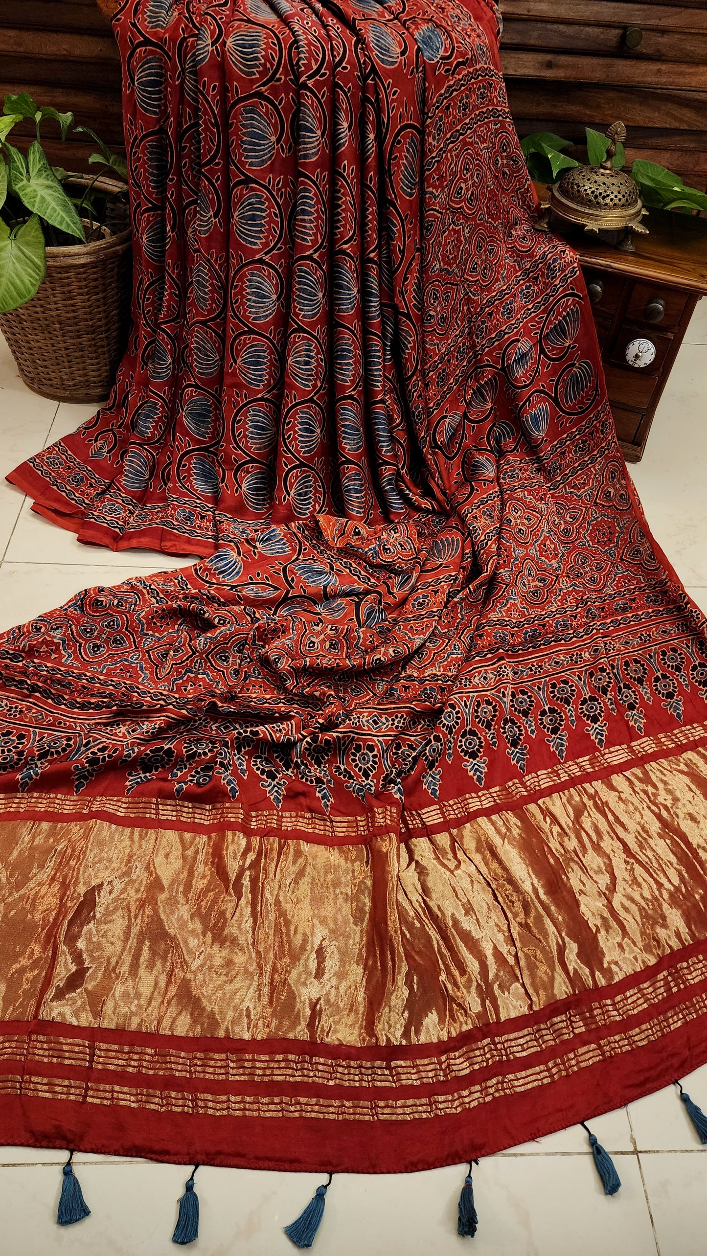 Zynah Madder Red Modal Silk Lotus Blocks Ajrakh Saree With Zari Lagdi Patta on Pallu; Custom Stitched/Ready-made Blouse, Fall, Petticoat; SKU:1701202301