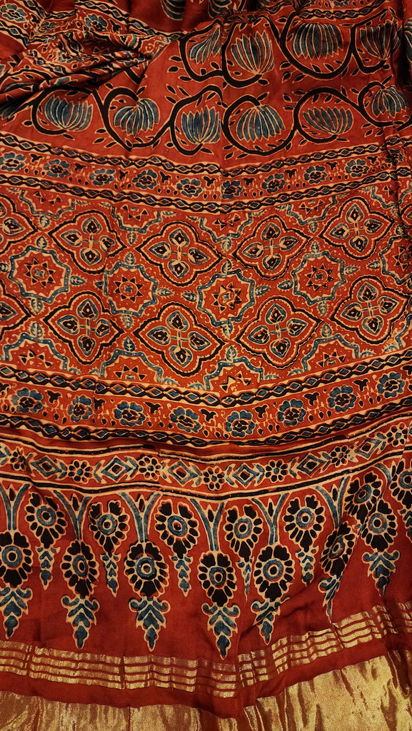 Zynah Madder Red Modal Silk Lotus Blocks Ajrakh Saree With Zari Lagdi Patta on Pallu; Custom Stitched/Ready-made Blouse, Fall, Petticoat; SKU:1701202301
