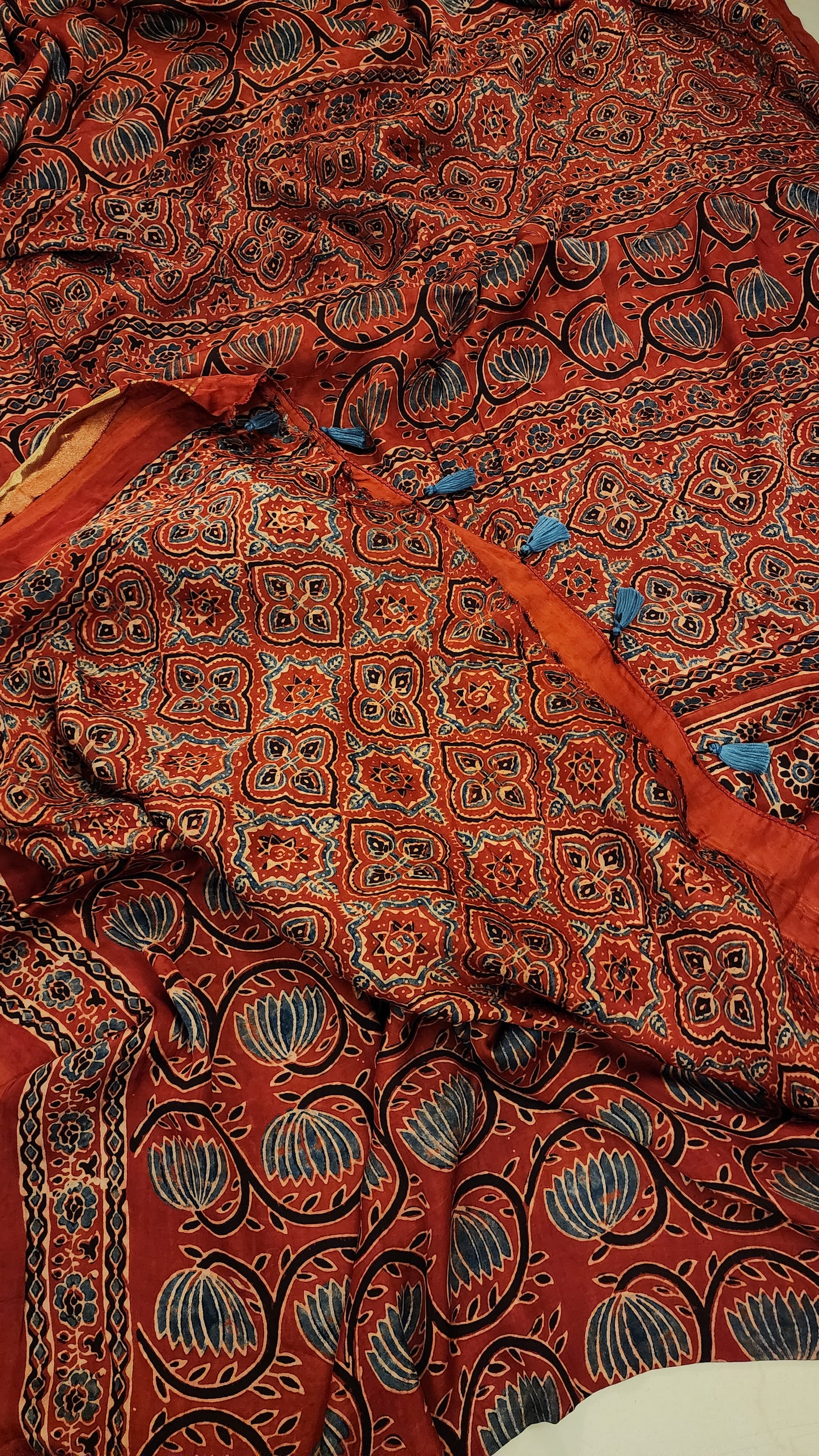 Zynah Madder Red Modal Silk Lotus Blocks Ajrakh Saree With Zari Lagdi Patta on Pallu; Custom Stitched/Ready-made Blouse, Fall, Petticoat; SKU:1701202301