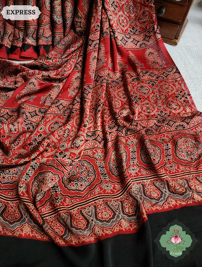Madder Red Ajrakh Modal Silk Saree, Crafted Using The Traditional Method Of Hand Block Printing Using 100% Natural Dyes
