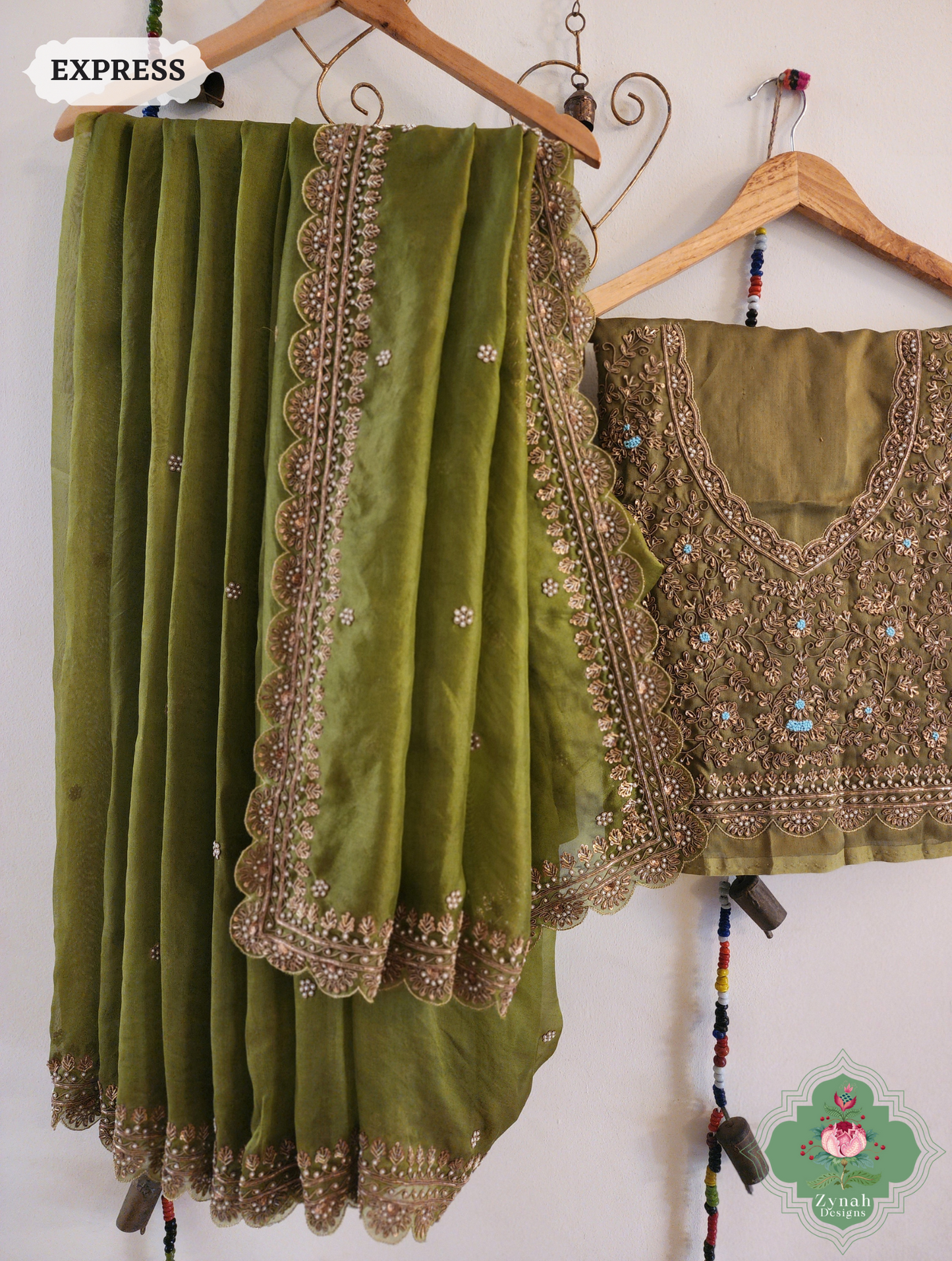 Zynah Mehendi Green Pure Organza Silk Saree with Zardozi, Pearl beads and Sequins Hand Embroidery; Custom Stitched/Ready-made Blouse, Fall, Petticoat; SKU: 1403202402