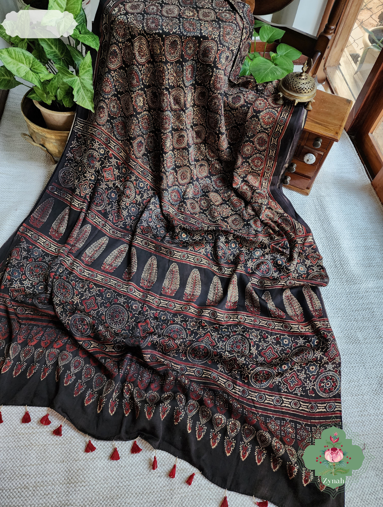 Dark Brown Ajrakh Modal Silk Saree, Crafted Using The Traditional Method Of Hand Block Printing Using 100% Natural Dyes
