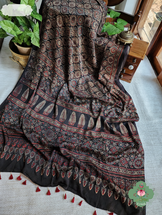 Dark Brown Ajrakh Modal Silk Saree, Crafted Using The Traditional Method Of Hand Block Printing Using 100% Natural Dyes