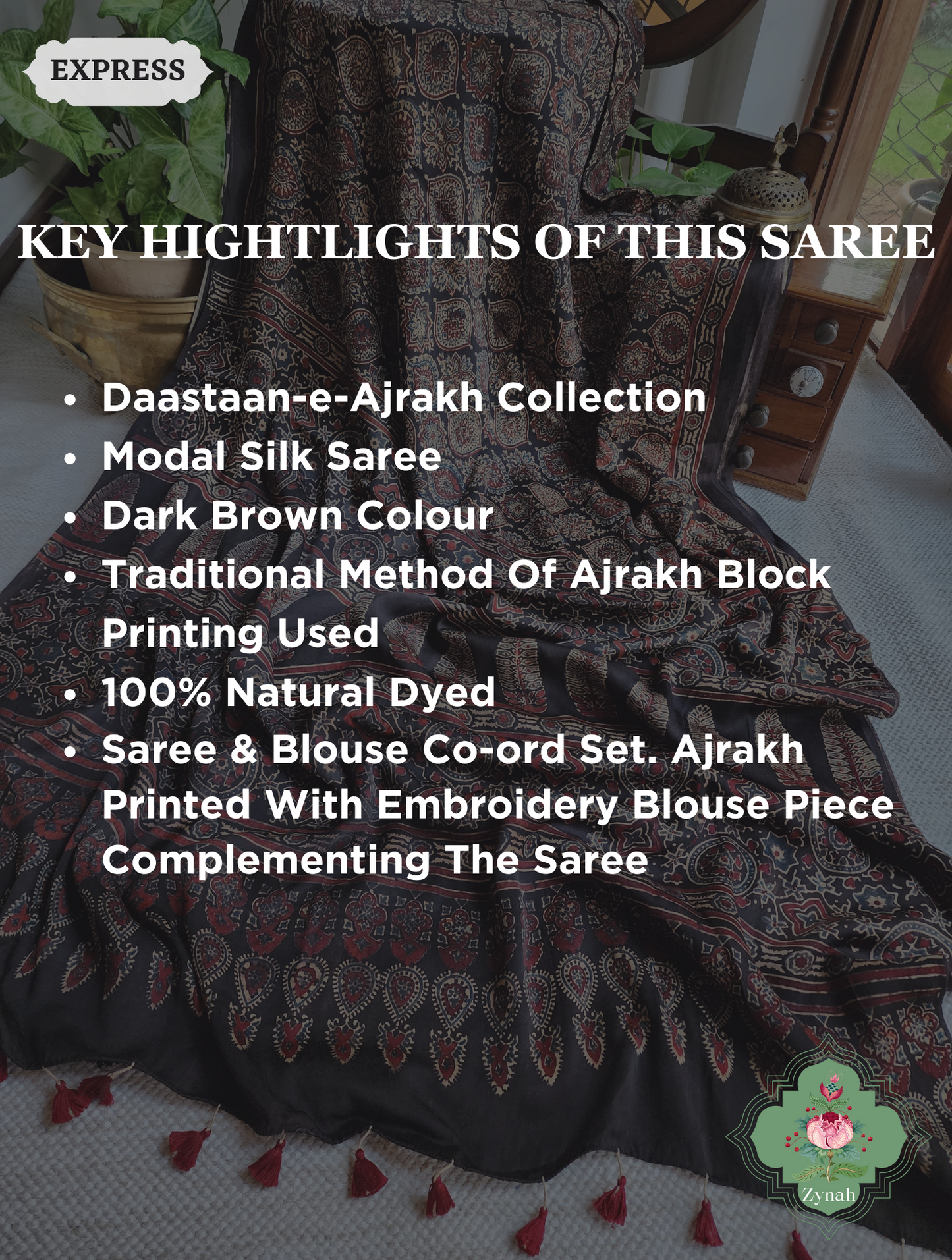 Dark Brown Ajrakh Modal Silk Saree, Crafted Using The Traditional Method Of Hand Block Printing Using 100% Natural Dyes