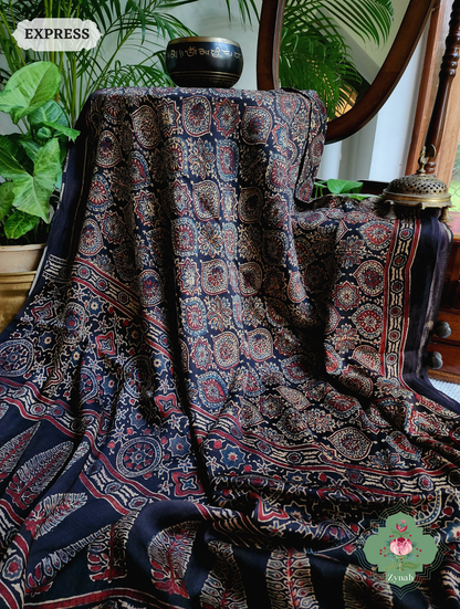 Dark Brown Ajrakh Modal Silk Saree, Crafted Using The Traditional Method Of Hand Block Printing Using 100% Natural Dyes