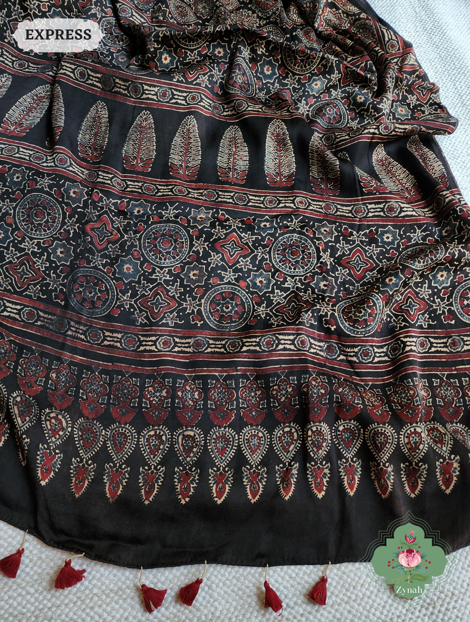 Dark Brown Ajrakh Modal Silk Saree, Crafted Using The Traditional Method Of Hand Block Printing Using 100% Natural Dyes