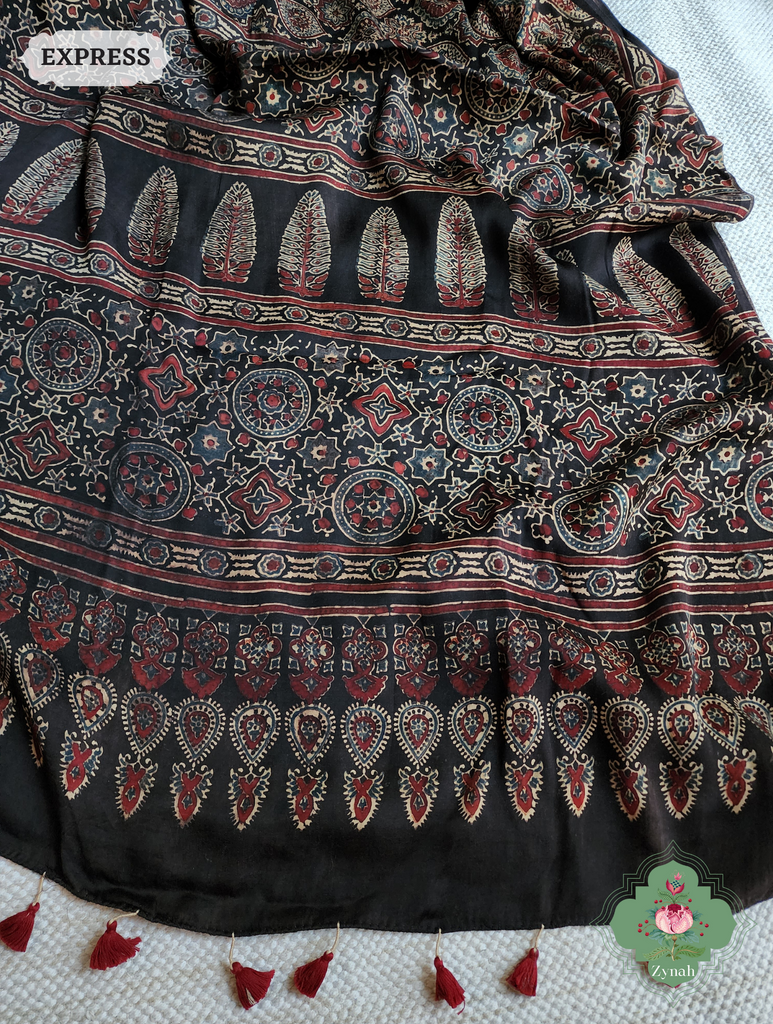 Dark Brown Ajrakh Modal Silk Saree, Crafted Using The Traditional Method Of Hand Block Printing Using 100% Natural Dyes