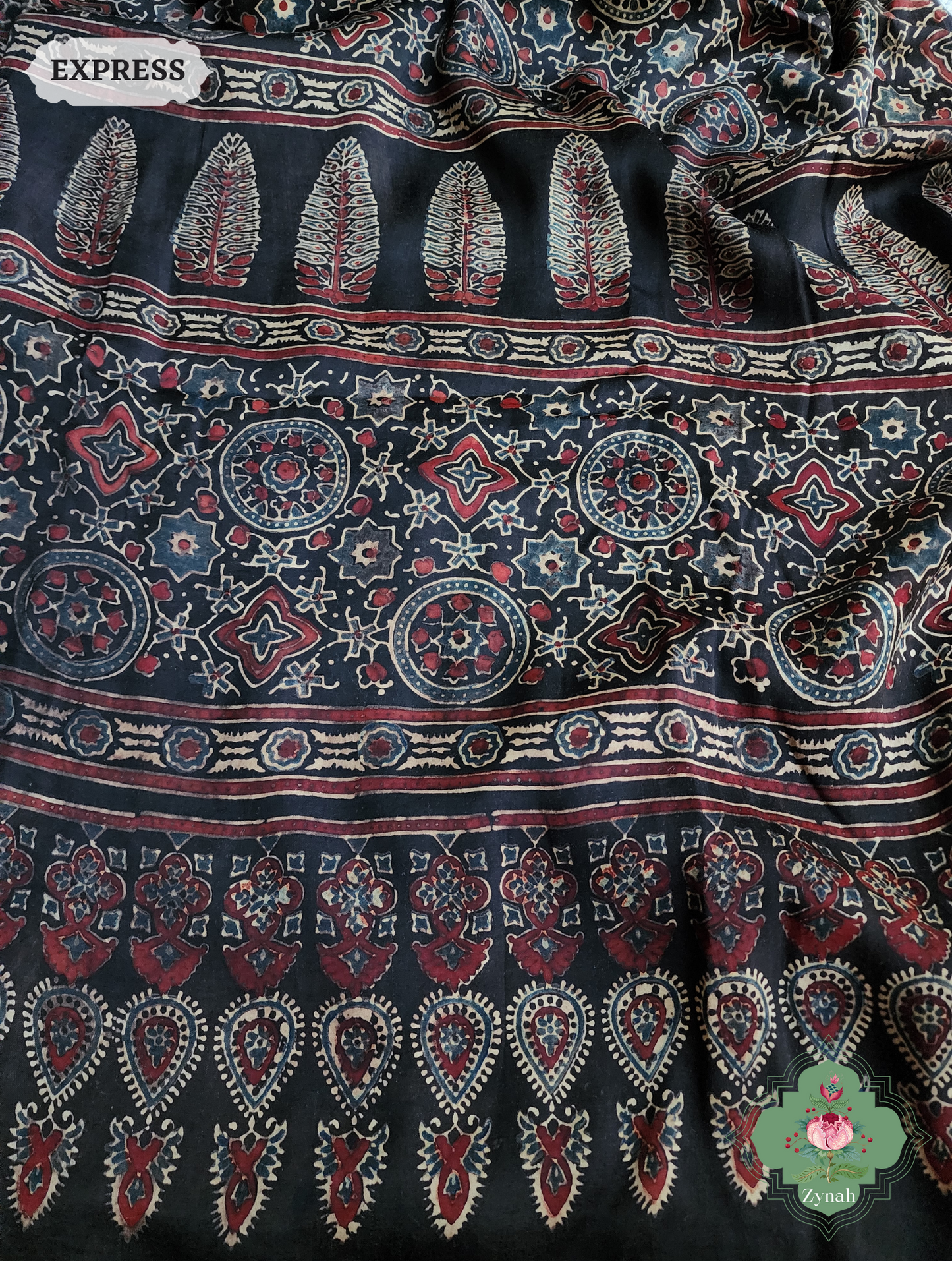 Dark Brown Ajrakh Modal Silk Saree, Crafted Using The Traditional Method Of Hand Block Printing Using 100% Natural Dyes
