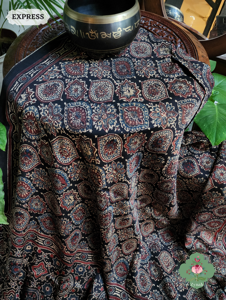 Dark Brown Ajrakh Modal Silk Saree, Crafted Using The Traditional Method Of Hand Block Printing Using 100% Natural Dyes