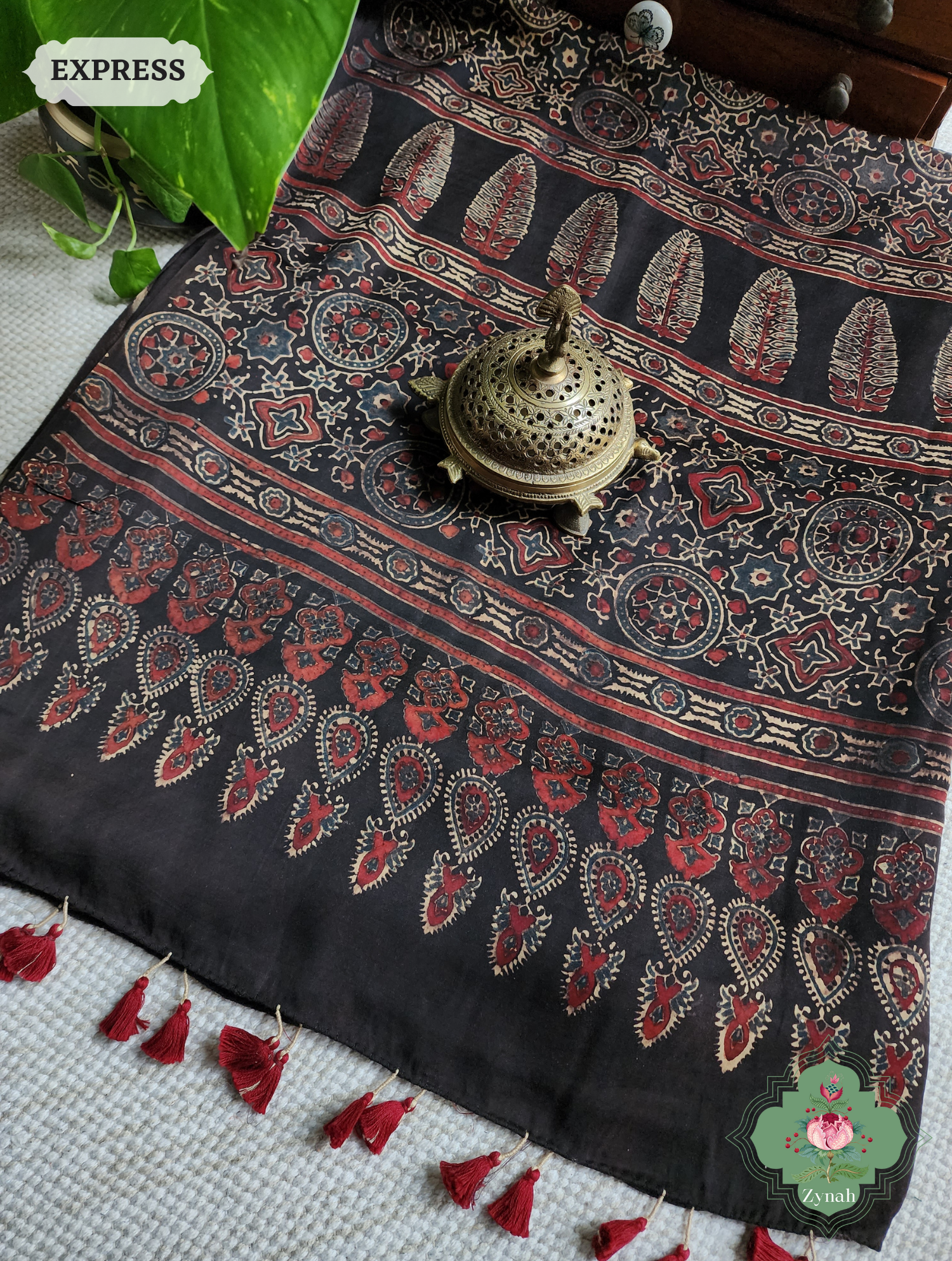 Dark Brown Ajrakh Modal Silk Saree, Crafted Using The Traditional Method Of Hand Block Printing Using 100% Natural Dyes
