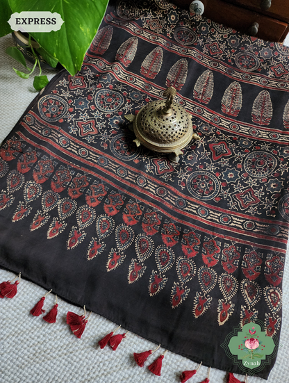 Dark Brown Ajrakh Modal Silk Saree, Crafted Using The Traditional Method Of Hand Block Printing Using 100% Natural Dyes