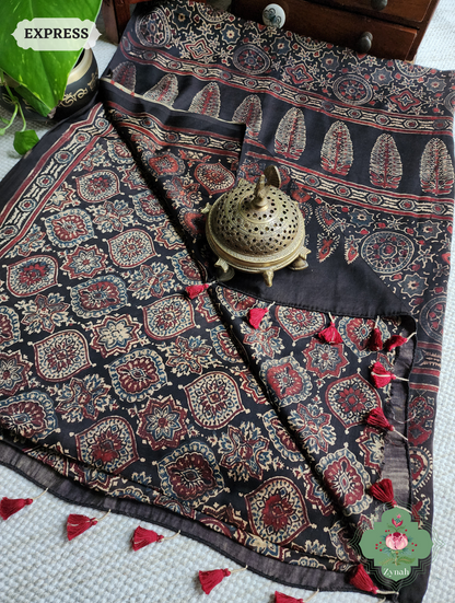 Dark Brown Ajrakh Modal Silk Saree, Crafted Using The Traditional Method Of Hand Block Printing Using 100% Natural Dyes