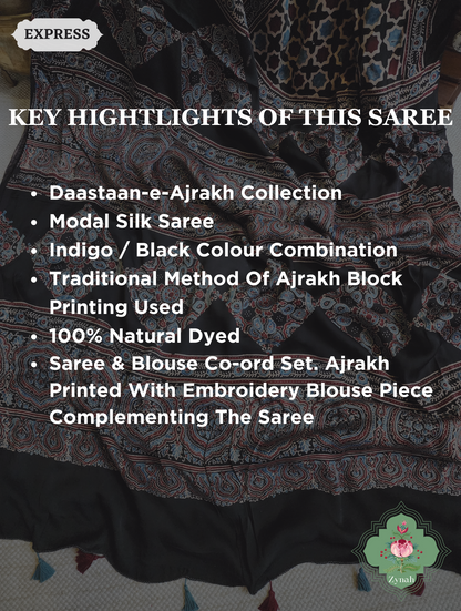 Black & Indigo Ajrakh Modal Silk Saree, Crafted Using The Traditional Method Of Hand Block Printing Using 100% Natural Dyes