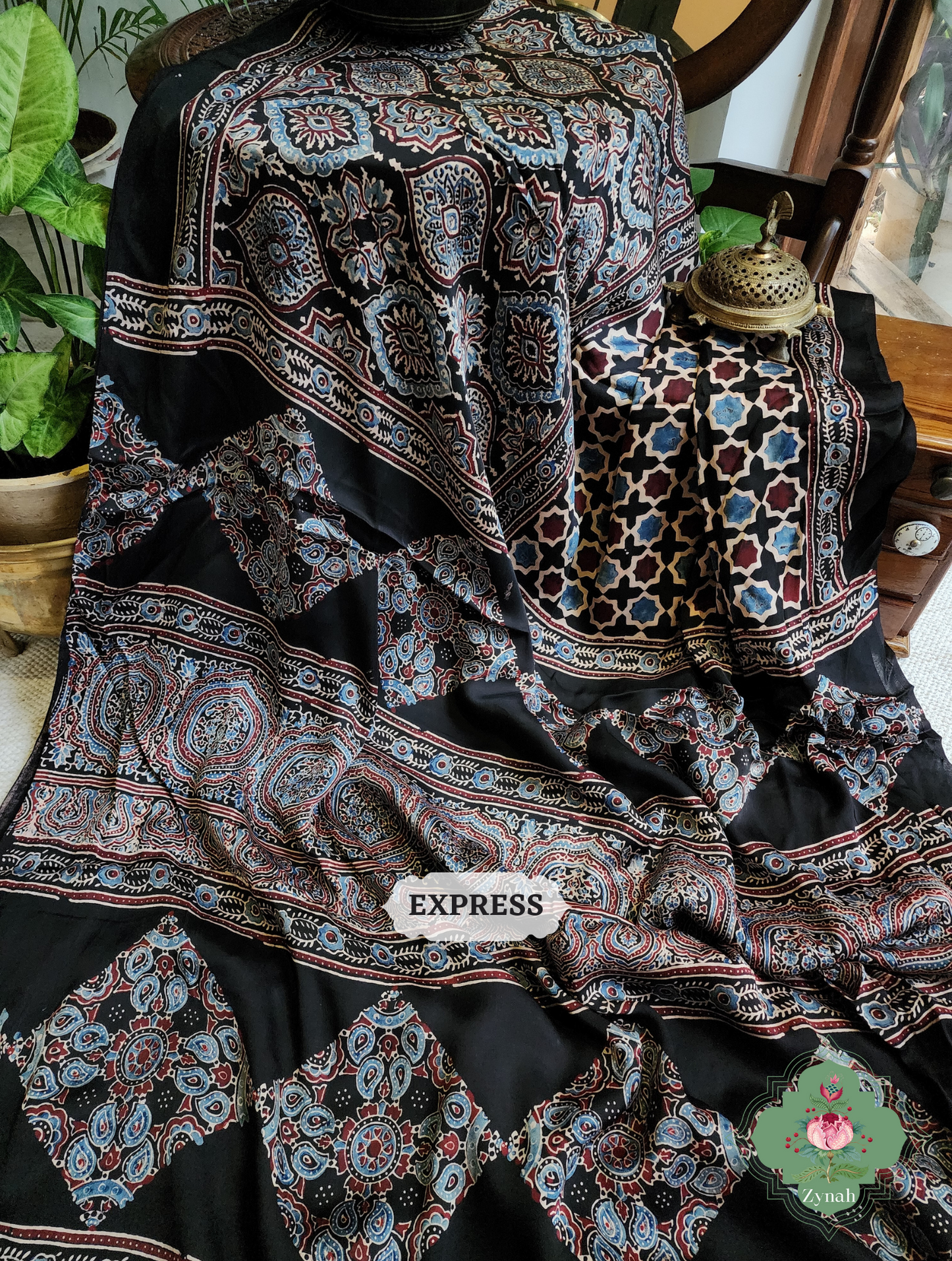 Black & Indigo Ajrakh Modal Silk Saree, Crafted Using The Traditional Method Of Hand Block Printing Using 100% Natural Dyes