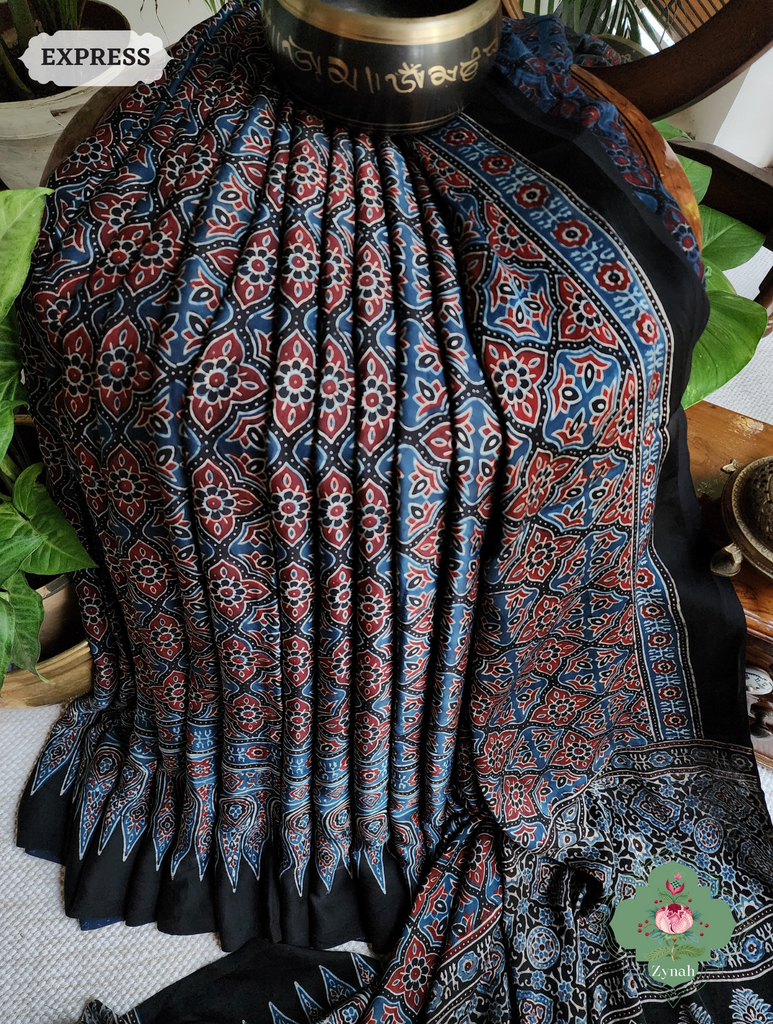 Black & Indigo Ajrakh Modal Silk Saree, Crafted Using The Traditional Method Of Hand Block Printing Using 100% Natural Dyes