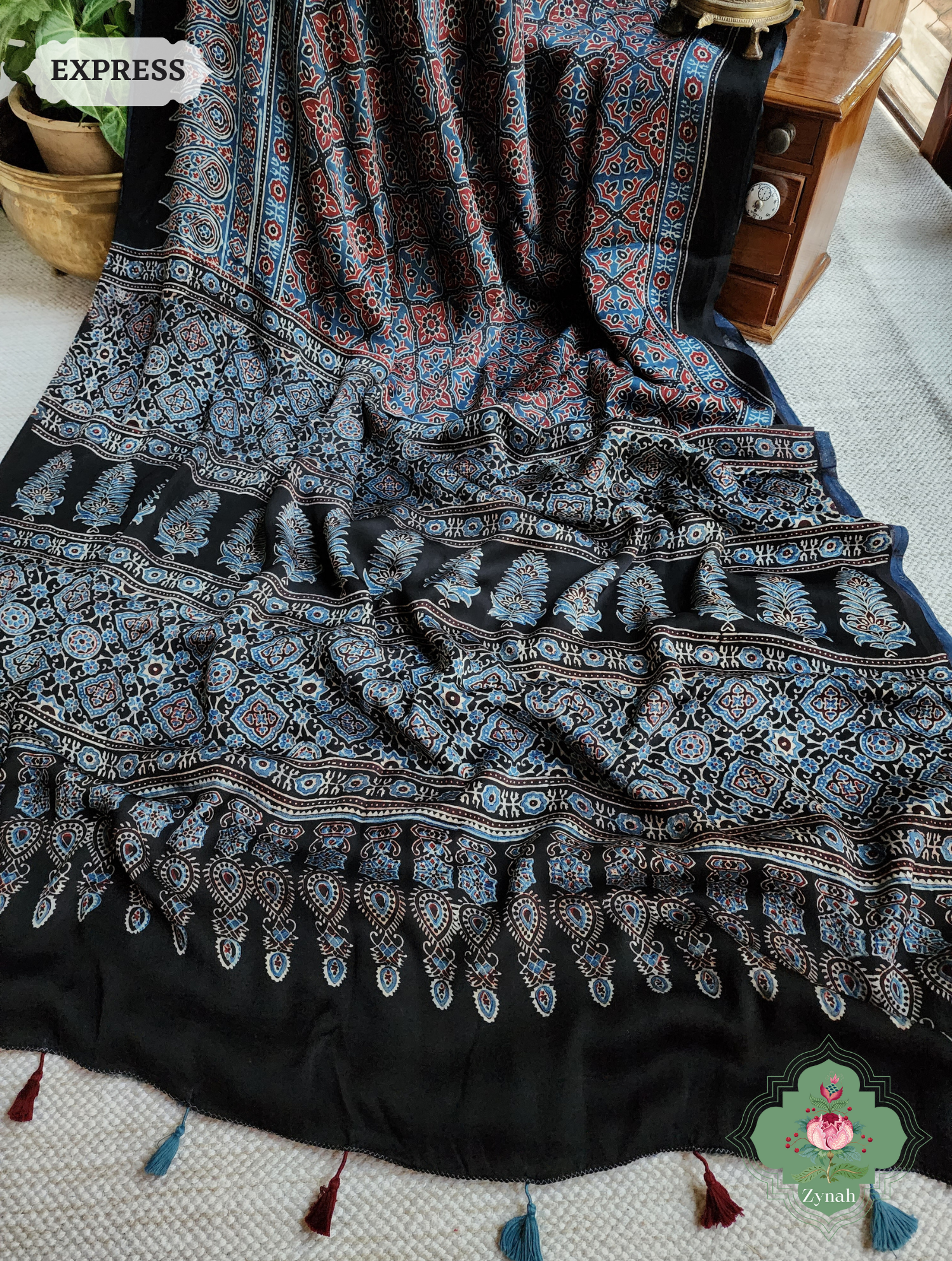 Black & Indigo Ajrakh Modal Silk Saree, Crafted Using The Traditional Method Of Hand Block Printing Using 100% Natural Dyes