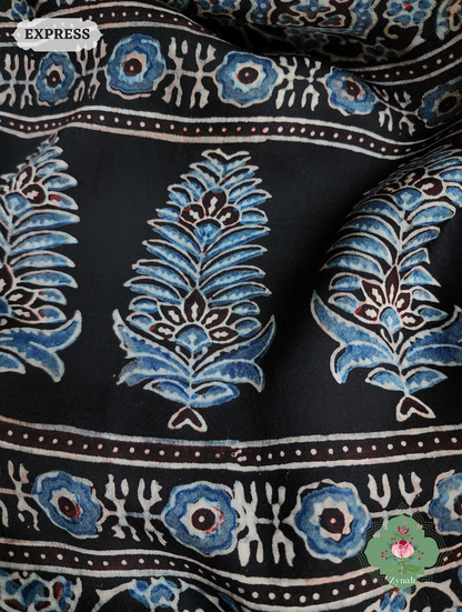 Black & Indigo Ajrakh Modal Silk Saree, Crafted Using The Traditional Method Of Hand Block Printing Using 100% Natural Dyes