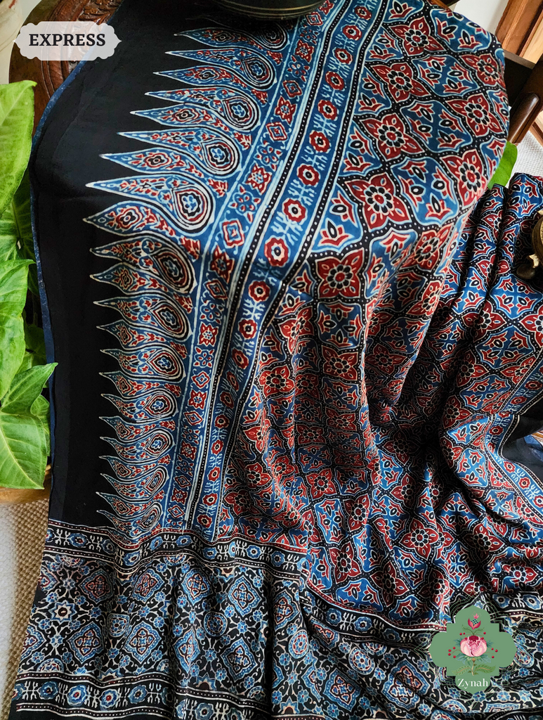 Black & Indigo Ajrakh Modal Silk Saree, Crafted Using The Traditional Method Of Hand Block Printing Using 100% Natural Dyes