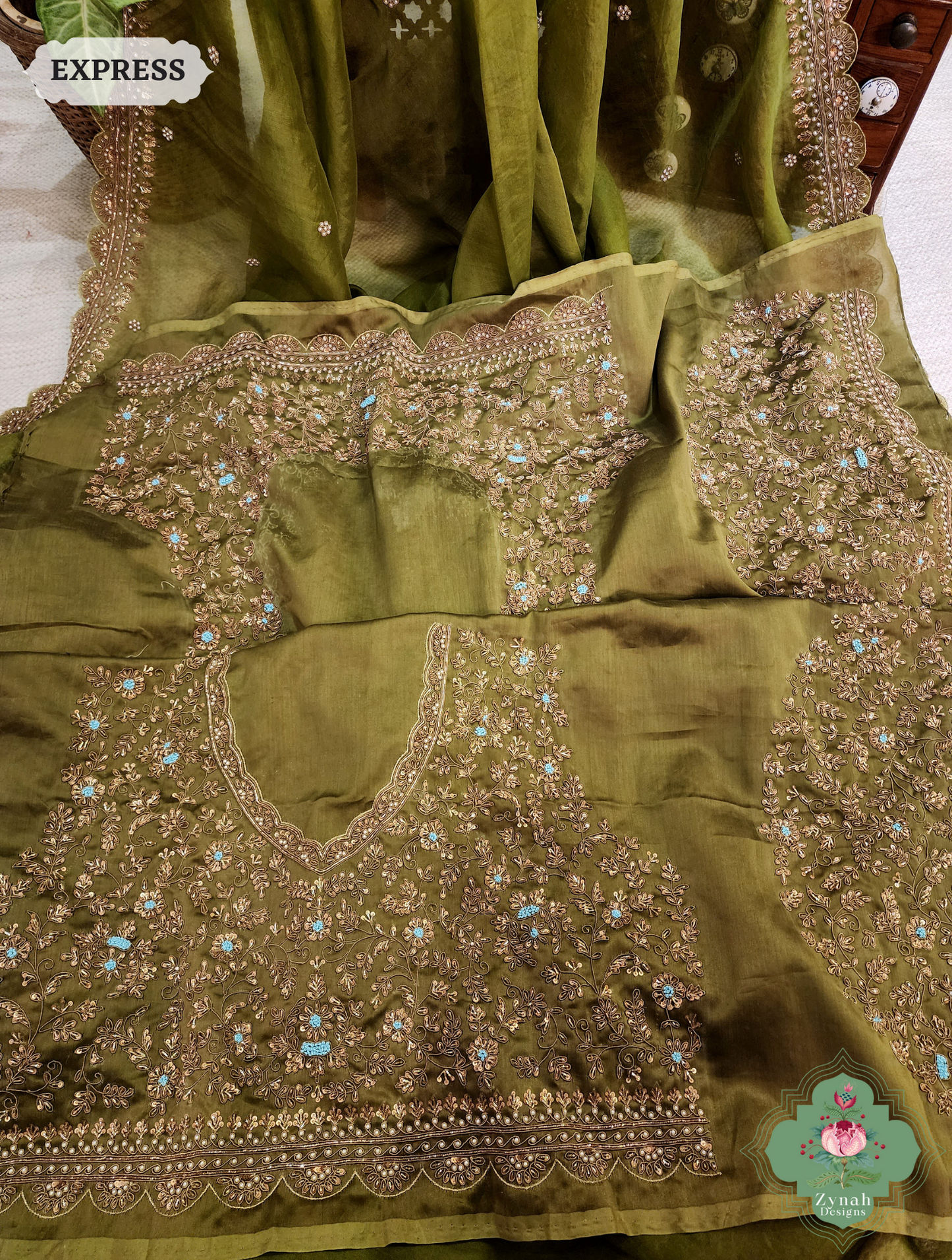 Zynah Mehendi Green Pure Organza Silk Saree with Zardozi, Pearl beads and Sequins Hand Embroidery; Custom Stitched/Ready-made Blouse, Fall, Petticoat; SKU: 1403202402