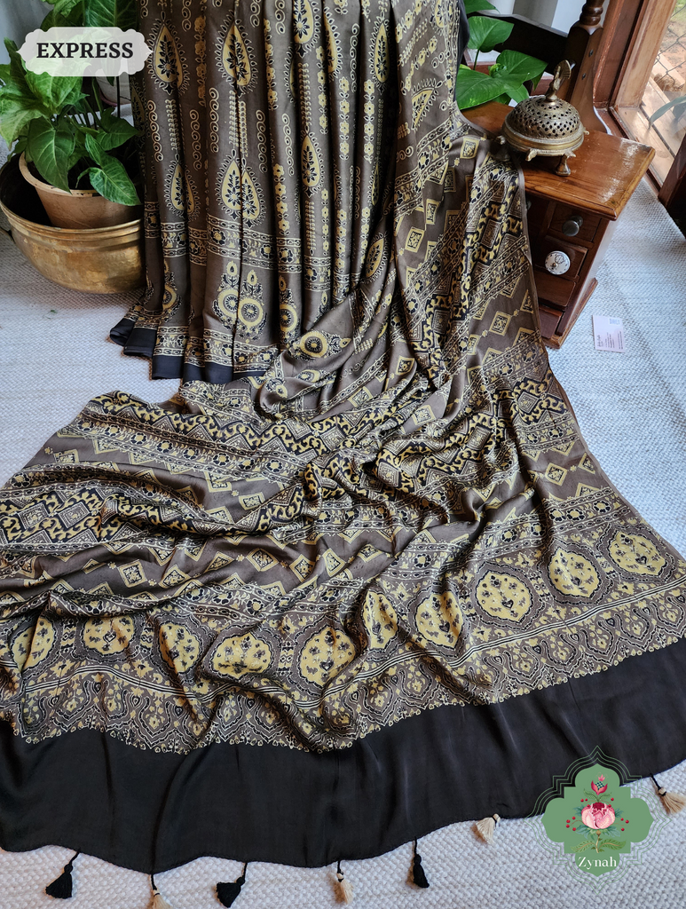 Brown Ajrakh Modal Silk Saree, Crafted Using The Traditional Method Of Hand Block Printing Using 100% Natural Dyes
