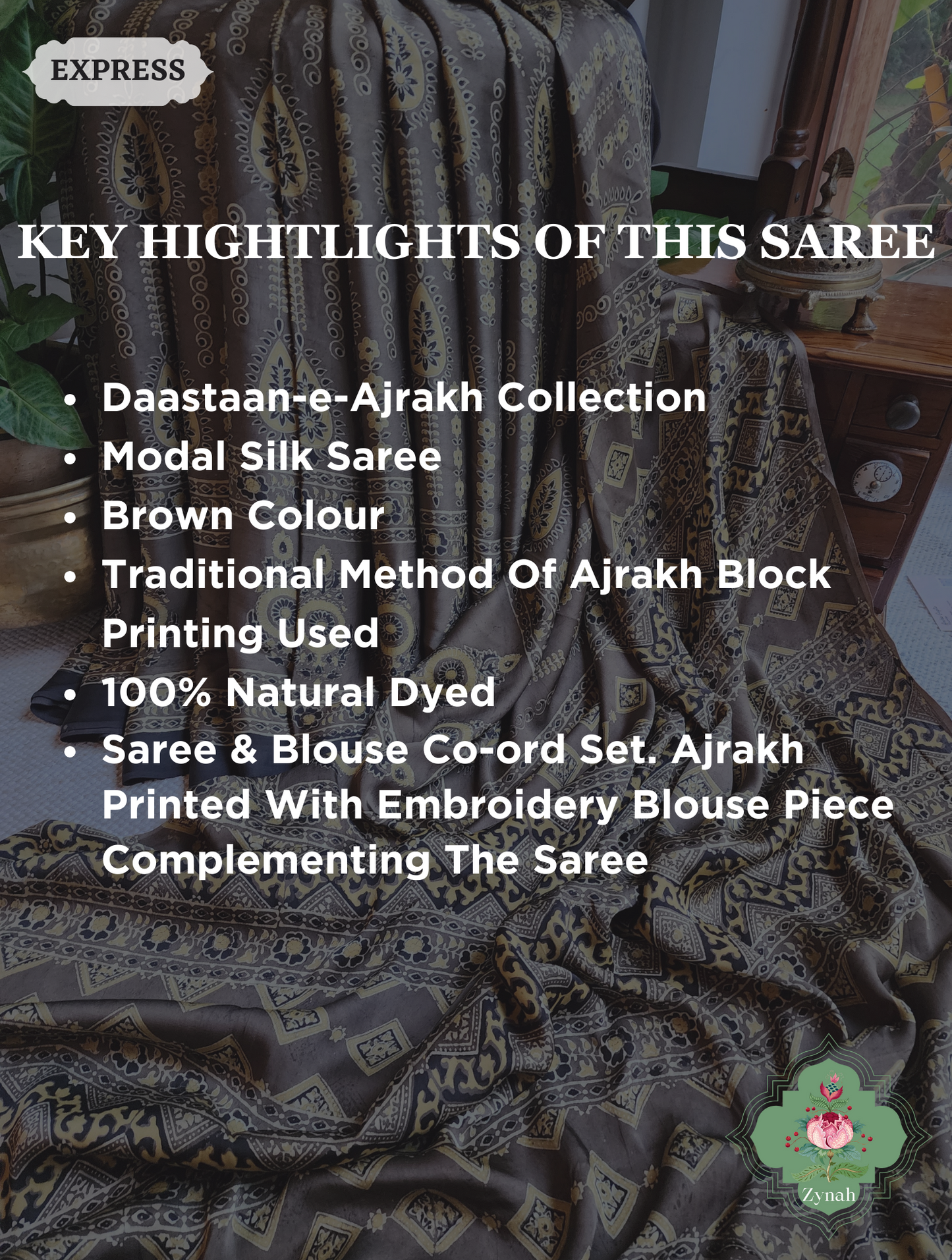 Brown Ajrakh Modal Silk Saree, Crafted Using The Traditional Method Of Hand Block Printing Using 100% Natural Dyes
