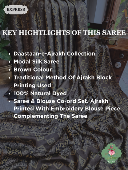 Brown Ajrakh Modal Silk Saree, Crafted Using The Traditional Method Of Hand Block Printing Using 100% Natural Dyes