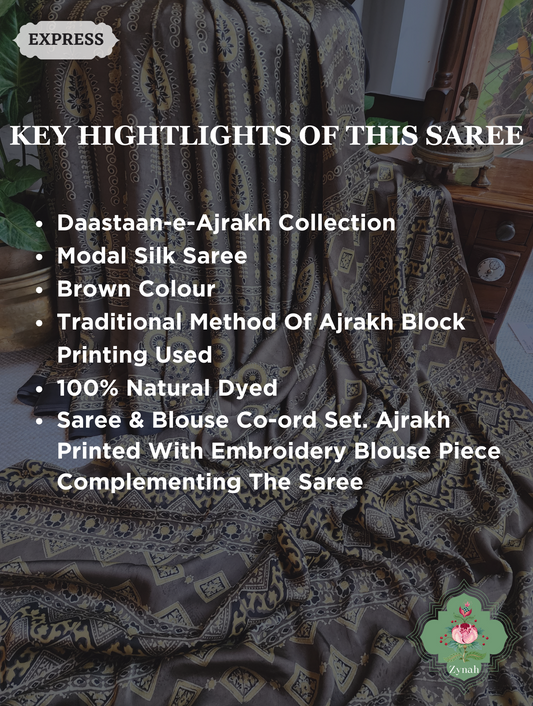 Brown Ajrakh Modal Silk Saree, Crafted Using The Traditional Method Of Hand Block Printing Using 100% Natural Dyes