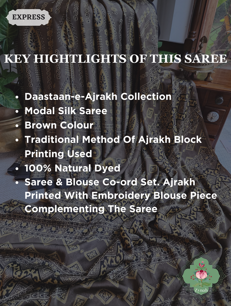 Brown Ajrakh Modal Silk Saree, Crafted Using The Traditional Method Of Hand Block Printing Using 100% Natural Dyes
