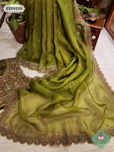 Zynah Mehendi Green Pure Organza Silk Saree with Zardozi, Pearl beads and Sequins Hand Embroidery; Custom Stitched/Ready-made Blouse, Fall, Petticoat; SKU: 1403202402