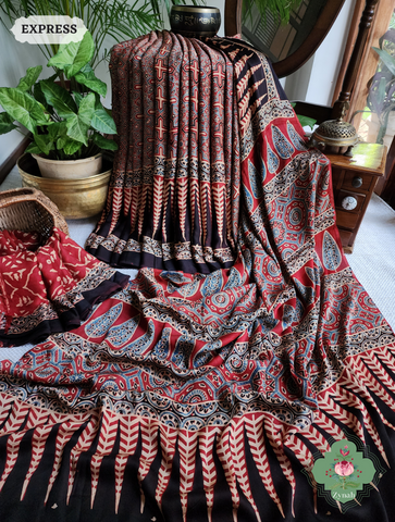 Madder Red Ajrakh Modal Silk Saree, Crafted Using The Traditional Method Of Hand Block Printing Using 100% Natural Dyes