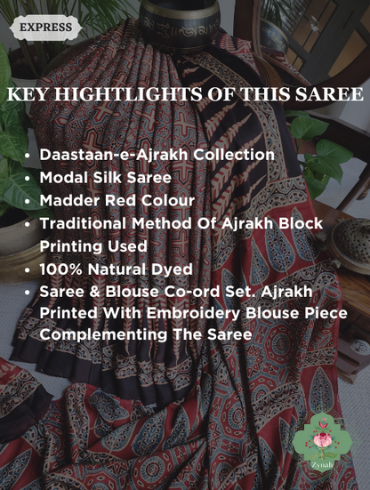 Madder Red Ajrakh Modal Silk Saree, Crafted Using The Traditional Method Of Hand Block Printing Using 100% Natural Dyes