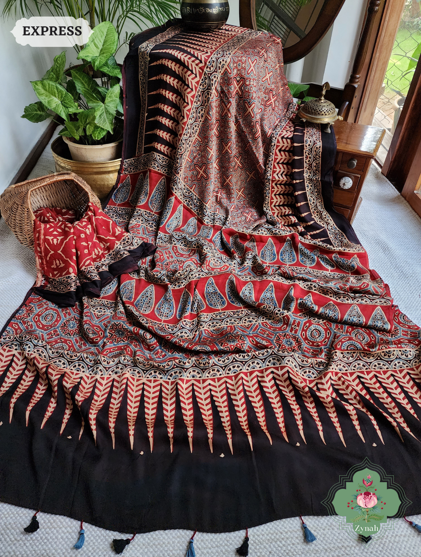 Madder Red Ajrakh Modal Silk Saree, Crafted Using The Traditional Method Of Hand Block Printing Using 100% Natural Dyes