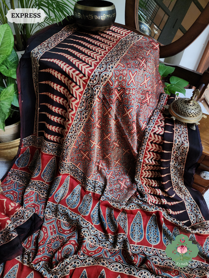Madder Red Ajrakh Modal Silk Saree, Crafted Using The Traditional Method Of Hand Block Printing Using 100% Natural Dyes