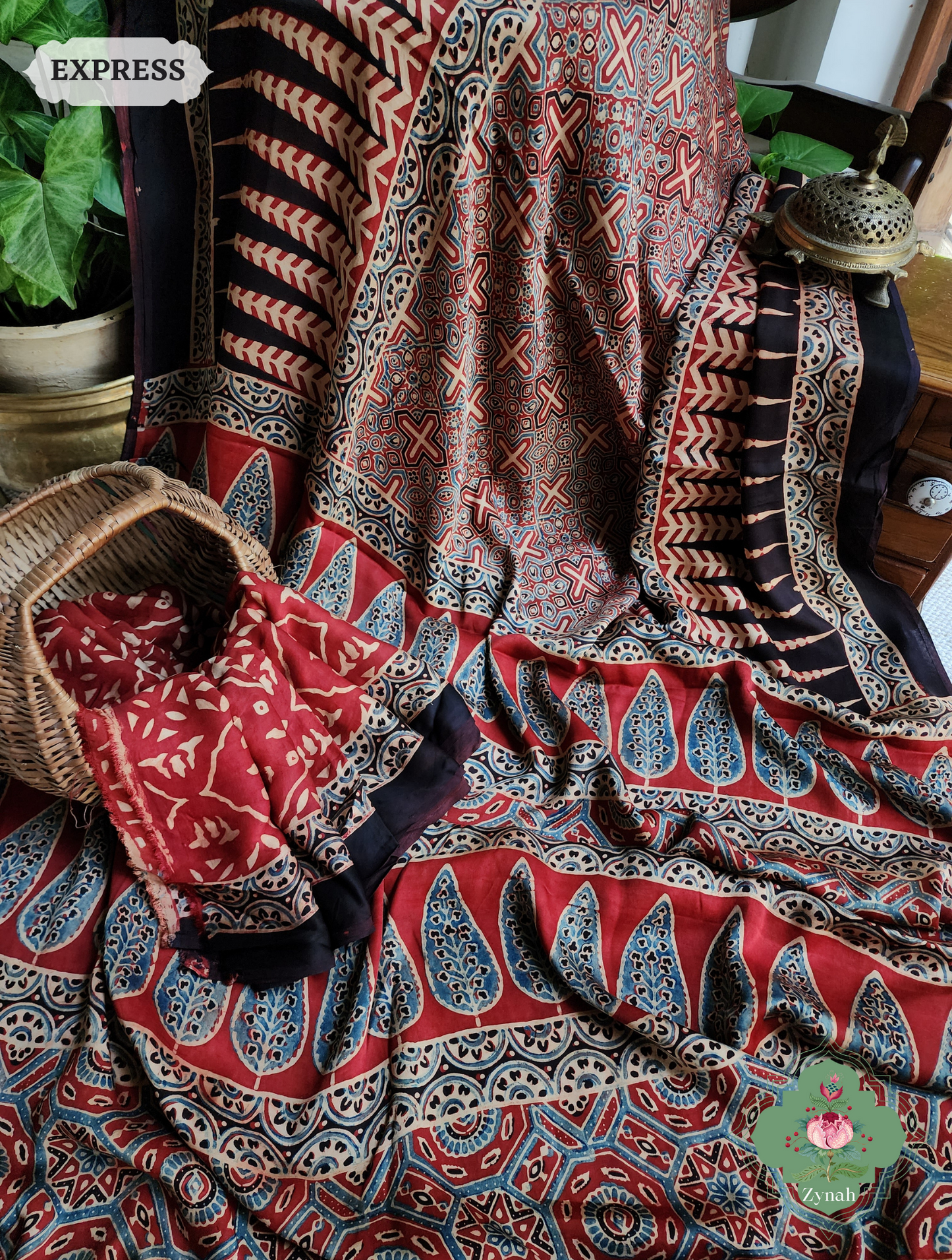 Madder Red Ajrakh Modal Silk Saree, Crafted Using The Traditional Method Of Hand Block Printing Using 100% Natural Dyes
