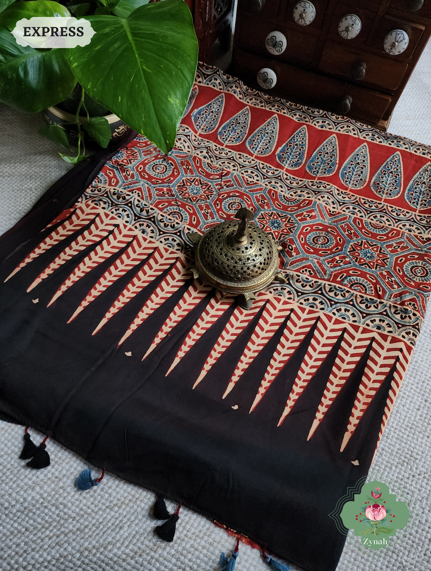 Madder Red Ajrakh Modal Silk Saree, Crafted Using The Traditional Method Of Hand Block Printing Using 100% Natural Dyes