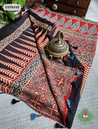 Madder Red Ajrakh Modal Silk Saree, Crafted Using The Traditional Method Of Hand Block Printing Using 100% Natural Dyes