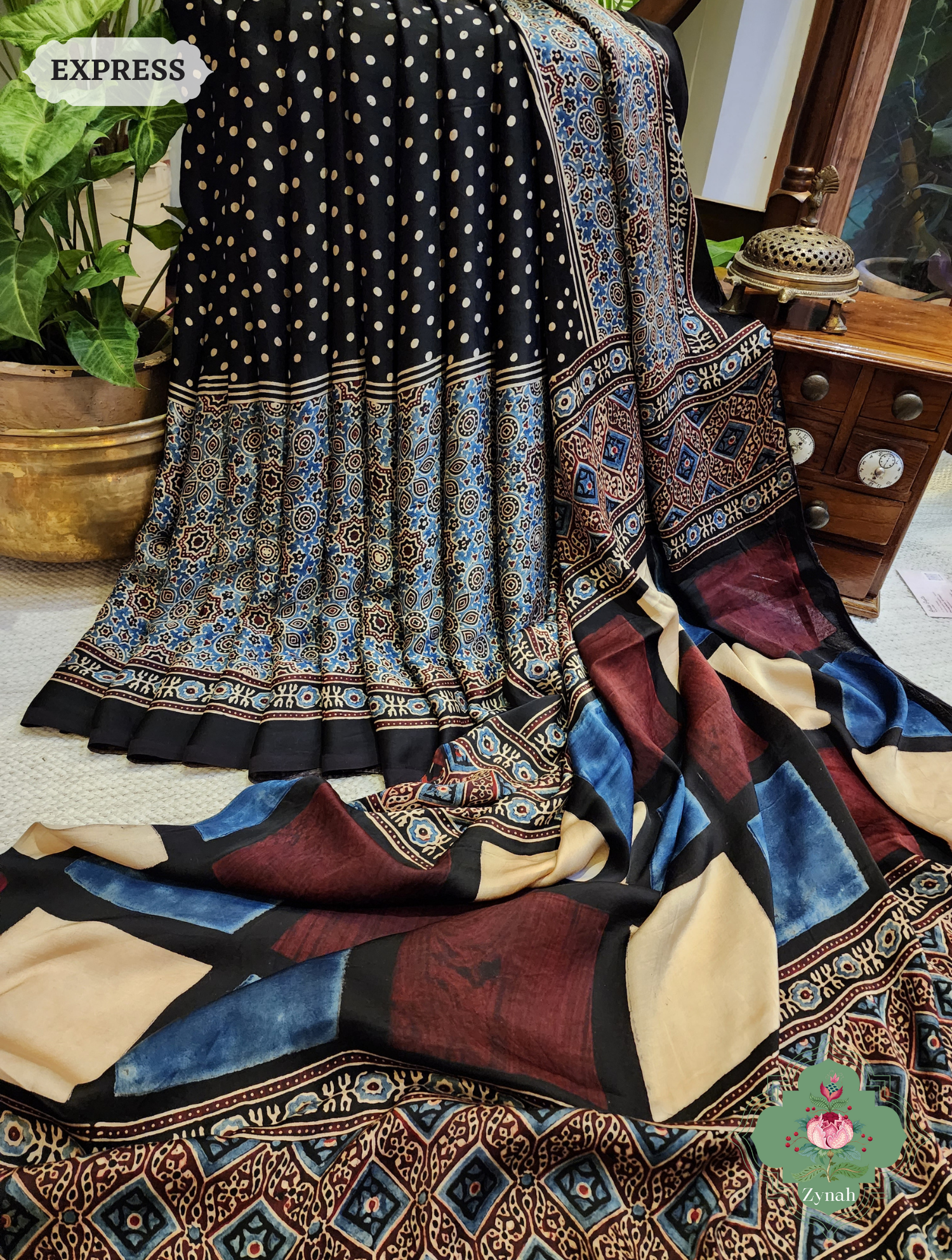 Black Ajrakh Modal Silk Saree, Crafted Using The Traditional Method Of Hand Block Printing Using 100% Natural Dyes