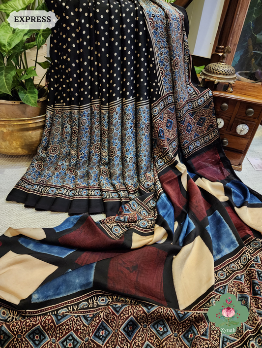 Black Ajrakh Modal Silk Saree, Crafted Using The Traditional Method Of Hand Block Printing Using 100% Natural Dyes