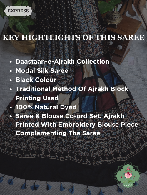Black Ajrakh Modal Silk Saree, Crafted Using The Traditional Method Of Hand Block Printing Using 100% Natural Dyes