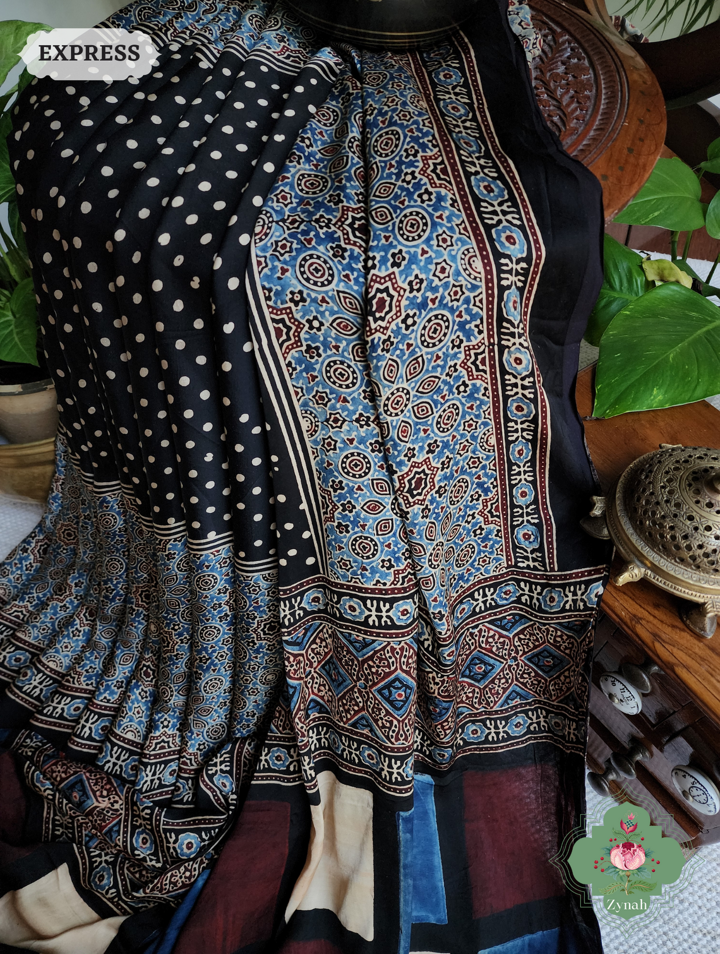 Black Ajrakh Modal Silk Saree, Crafted Using The Traditional Method Of Hand Block Printing Using 100% Natural Dyes