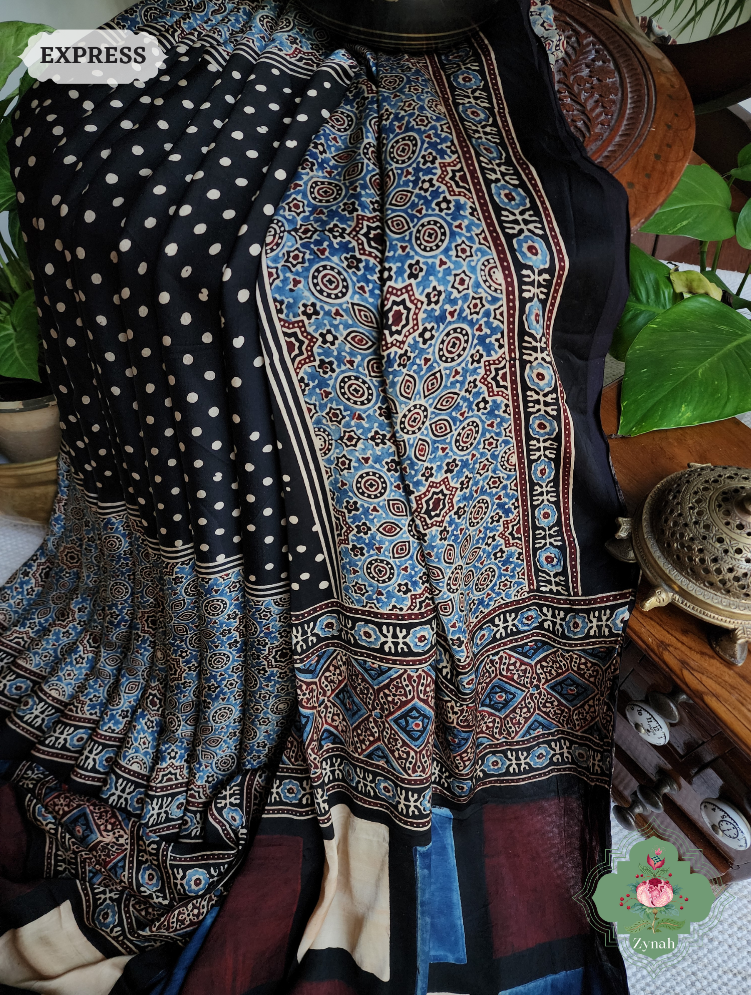 Black Ajrakh Modal Silk Saree, Crafted Using The Traditional Method Of Hand Block Printing Using 100% Natural Dyes