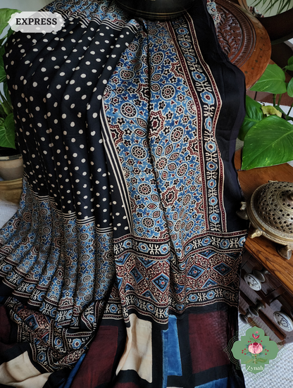 Black Ajrakh Modal Silk Saree, Crafted Using The Traditional Method Of Hand Block Printing Using 100% Natural Dyes