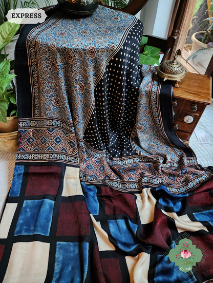 Black Ajrakh Modal Silk Saree, Crafted Using The Traditional Method Of Hand Block Printing Using 100% Natural Dyes